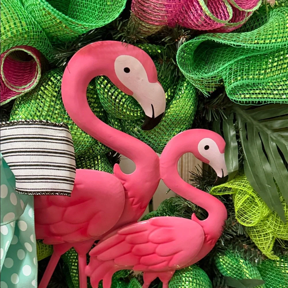 Pink Flamingo Tropical Holiday Wreath - Green & Pink